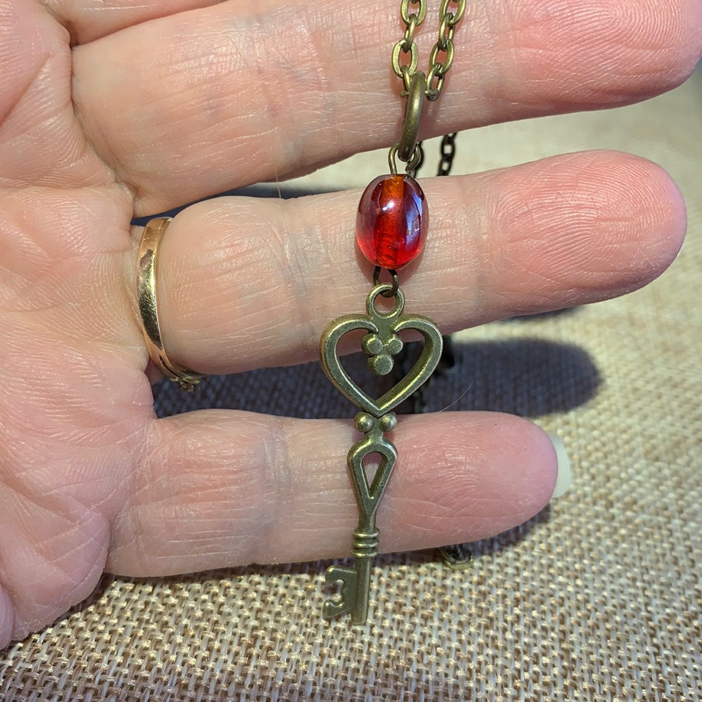 Heart Skeleton Key Vintage Red Glass Bead Necklace One Of A Kind New